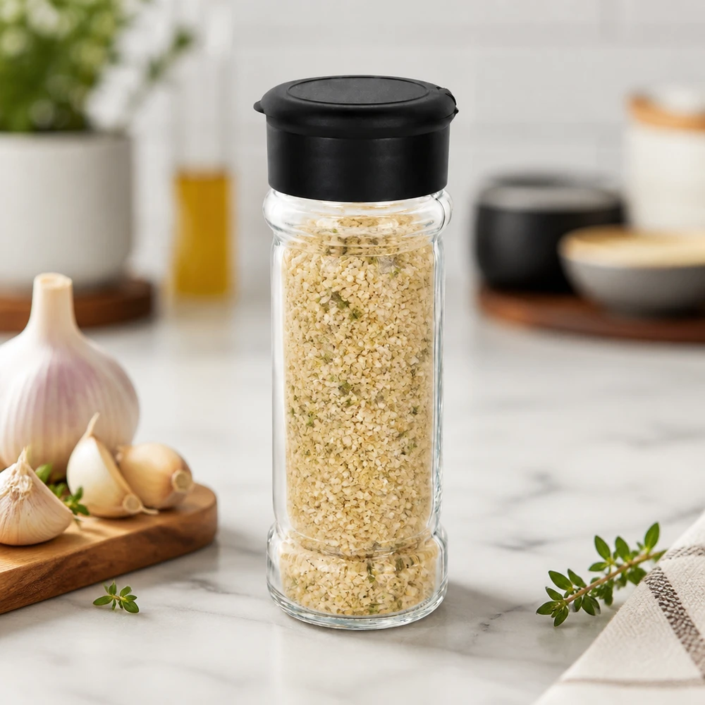 Pot à sel/épices 100 ml avec saupoudreuse, noir Pot à épices de 100 ml rempli de sel à l'ail, muni d'un saupoudreur noir posé sur un socle en marbre