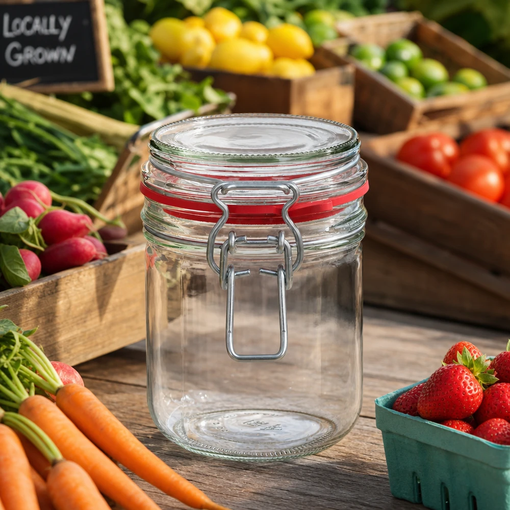 Bocal de conservation de 400 ml, type G, avec bouchon à clip UN.. Verre rond de 400 ml avec fermeture à étrier en verre transparent robuste pour une organisation durable de la cuisine