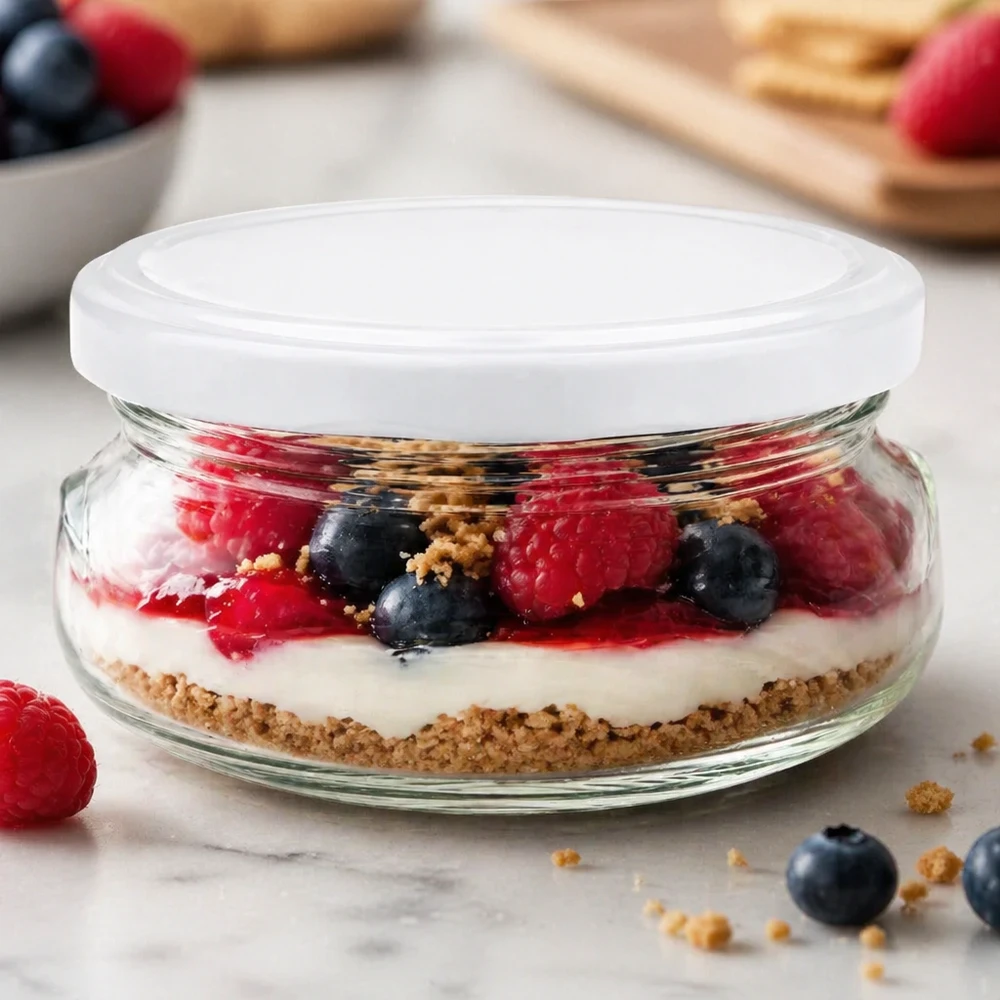 120ml Verre terrine avec couvercle BasicSeal blanc UNiTWIST Pot à terrine de 120 ml avec couvercle blanc rempli d'un dessert aux fruits rouges et fond en biscuit sur plaque de marbre