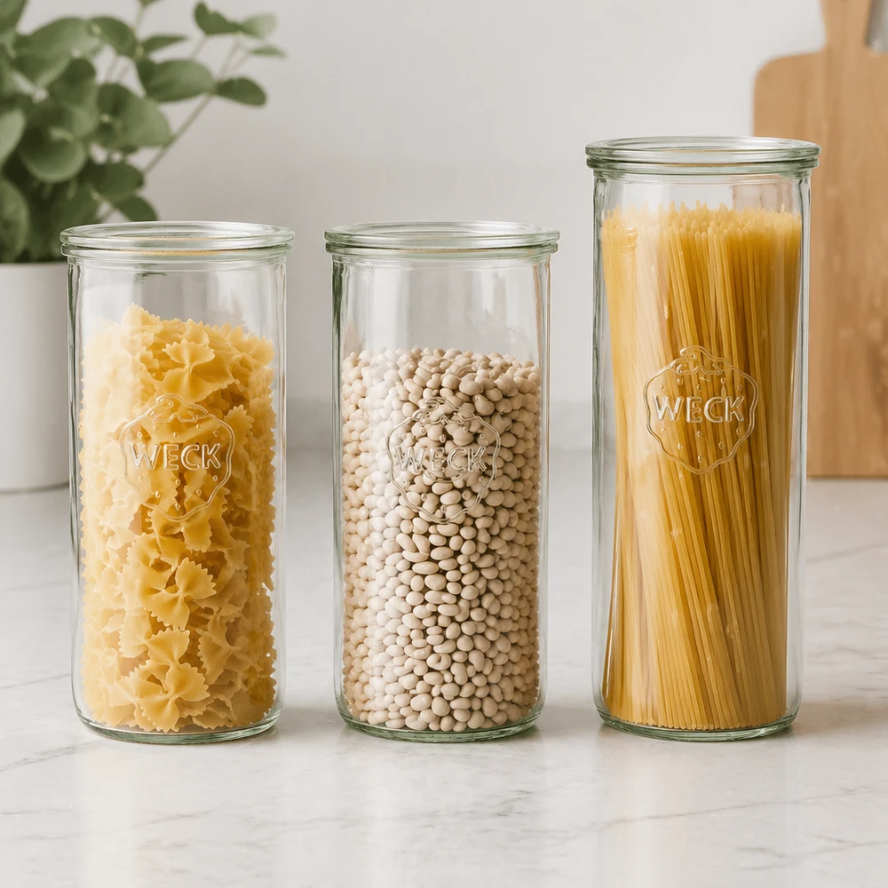 1500ml bocal conique avec bouchon en verre WECK RR100 WECK Pot renversé 1500ml RR100 Set rempli de pâtes haricots et pâtes conservation cuisine moderne