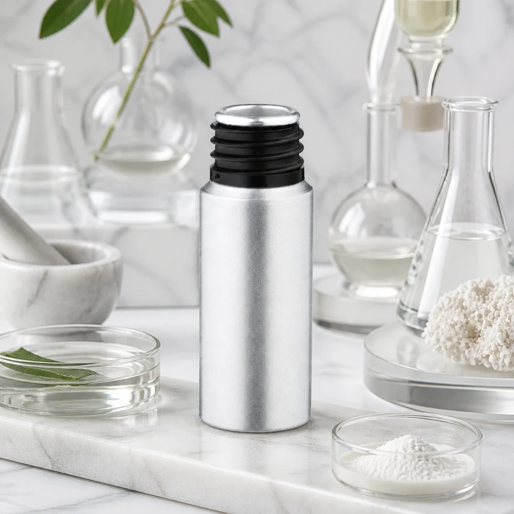 Bouteille ronde en aluminium de 20 ml avec une surface décapée et un bouchon pratique