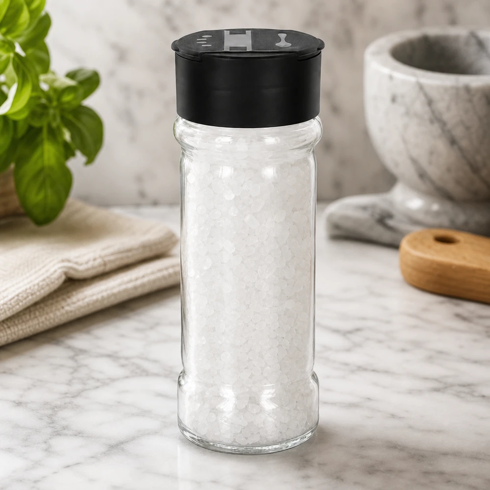 Pot à sel/épices 100 ml avec double saupoudreuse, noir Pot à sel de 100 ml rempli de gros sel marin, muni d'un couvercle noir à double saupoudreuse, posé sur un socle en marbre