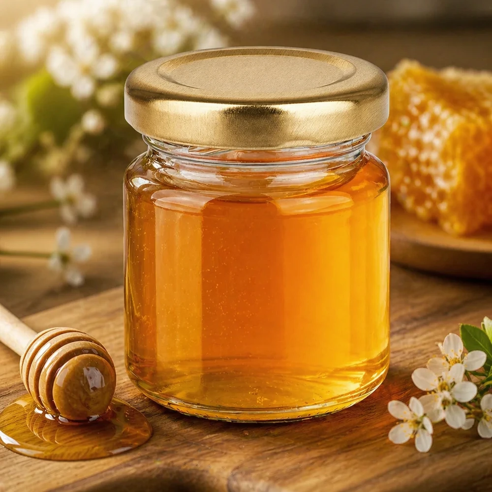 53ml Verre rond avec couvercle BasicSeal or UNiTWIST 53ml Rundglas mit goldenem UNiTWIST Deckel als Honigglas - ideal für Honig und süße Aufstriche in der Küche