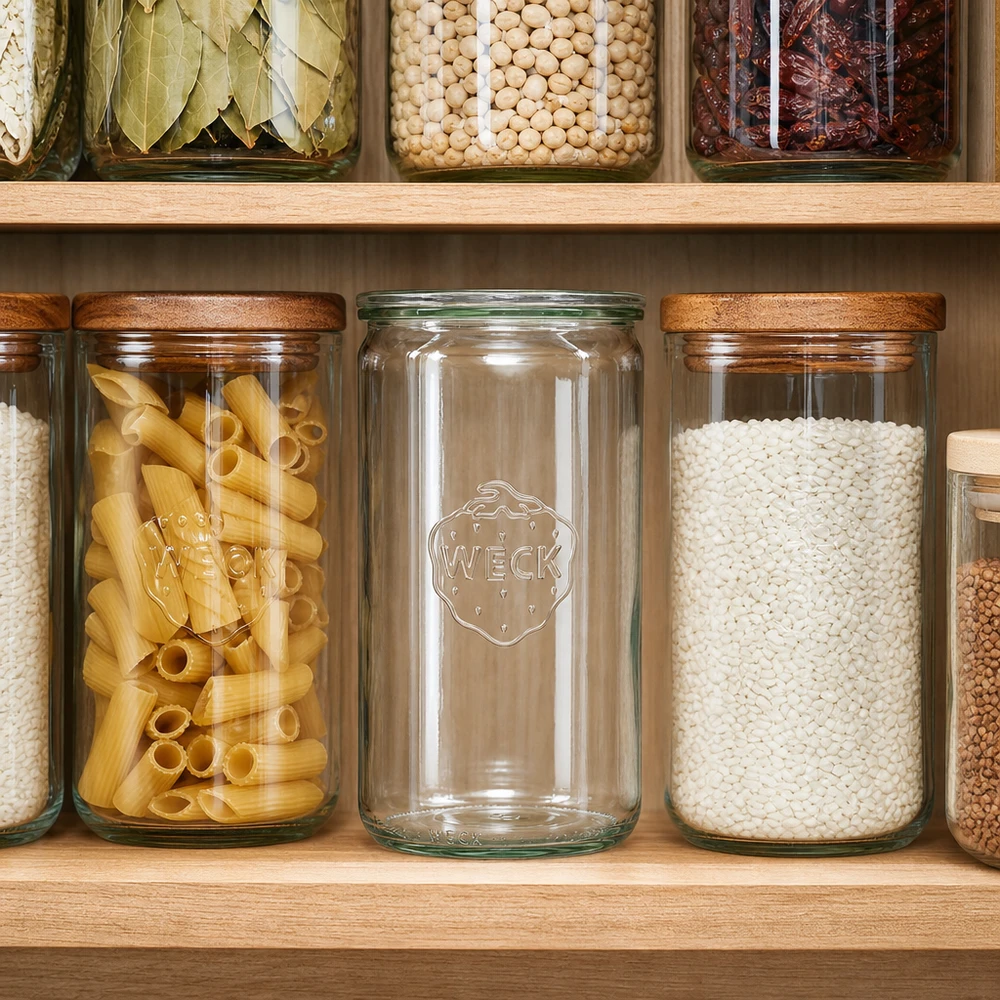 WECK Bocal à provisions 1590ml RR100 dans un office organisé entre les pâtes et le riz rempli d'étagères en bois
