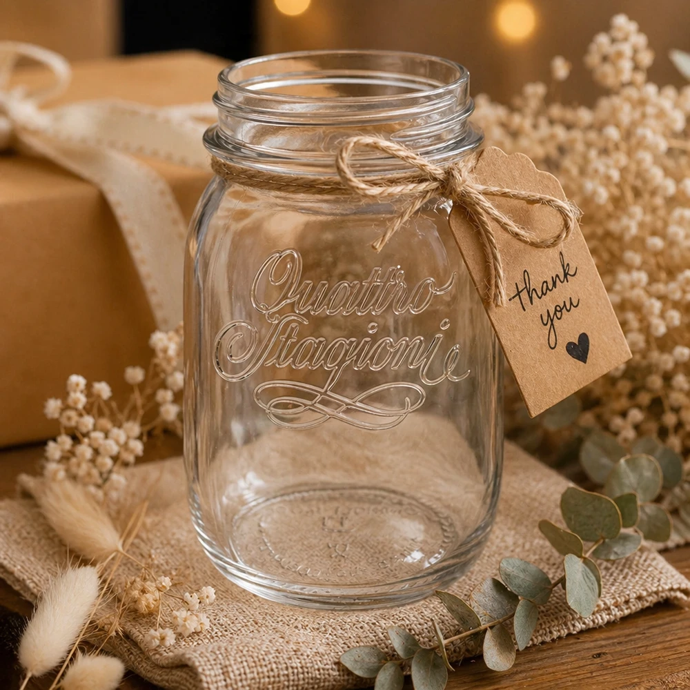 500ml Verre rond "Quattro Stagioni" QS70mm Verre de ménage Quattro Stagioni de 500 ml avec pendentif de remerciement sur une table en bois rustique décorée de fleurs séchées