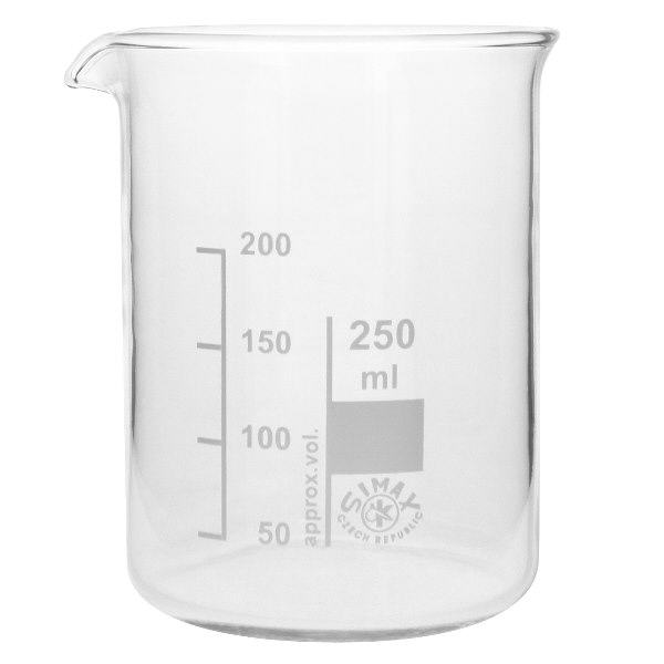 Bécher 250ml en verre borosilicate résistant à la chaleur (forme basse) Gobelet scientifique 250ml pour travaux de laboratoire Chimie Pharmacie et recherche