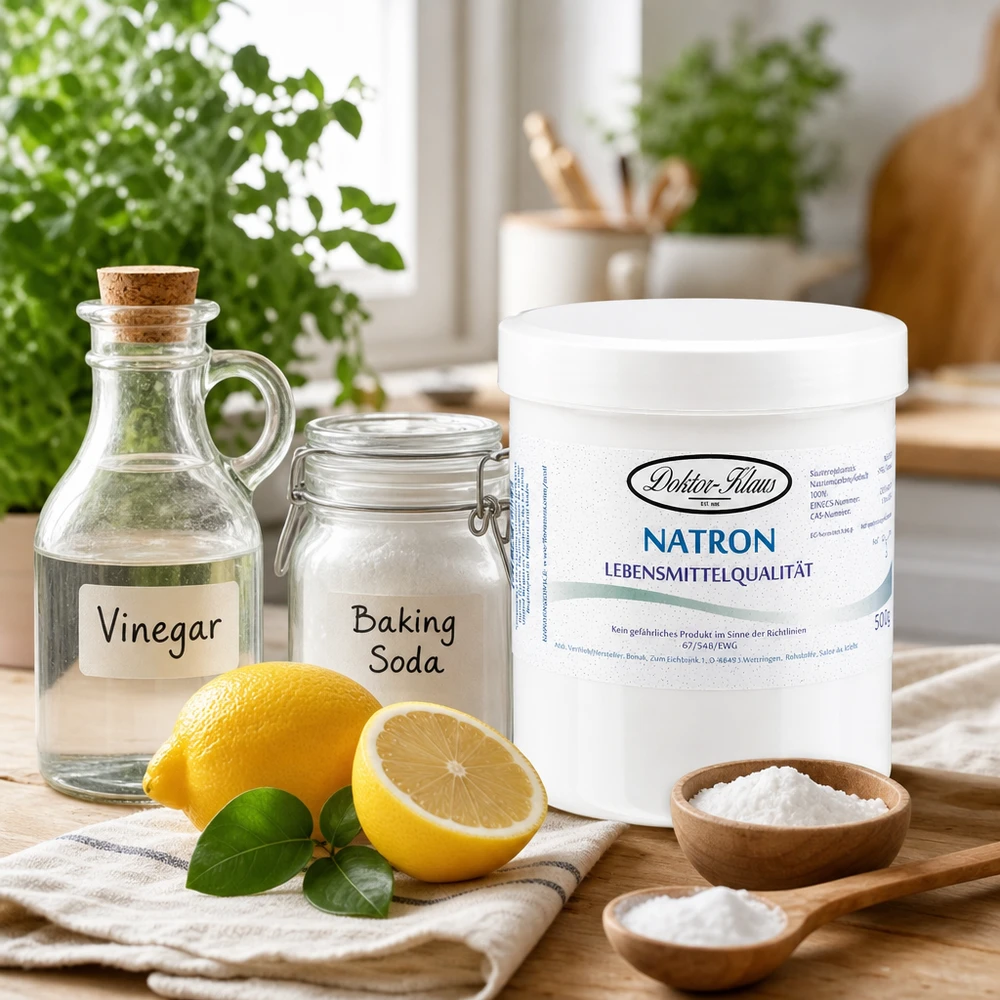 Bicarbonate de soude Doktor Klaus, en boîte blanche de 500 g, apte à l’utilisation alimentaire Bicarbonate de soude Docteur Klaus 500g avec vinaigre de citron et levure chimique pour le nettoyage naturel de la maison