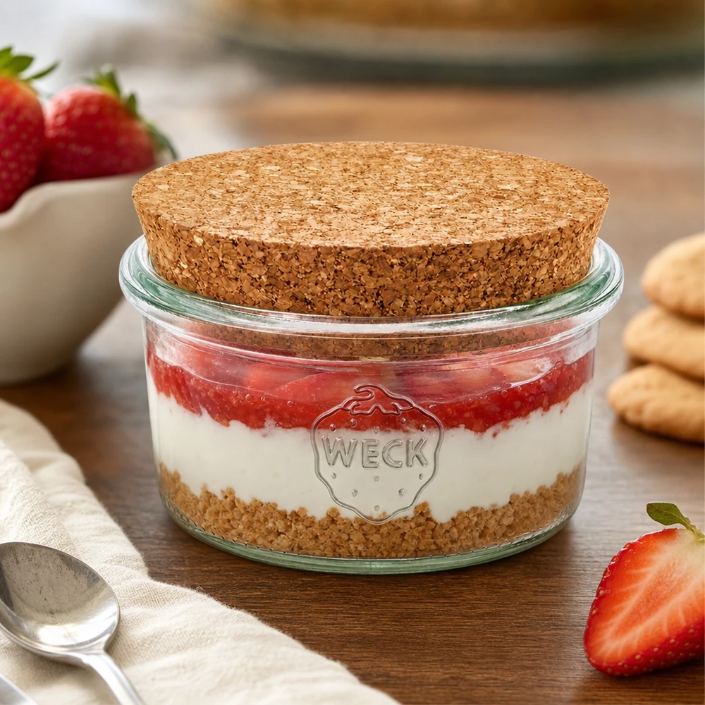 165ml bocal conique WECK RR80 avec bouchon nature WECK Sturzglas 165ml mit Korkdeckel als Dessertglas für Erdbeer-Tiramisu dekoriert mit frischen Erdbeeren