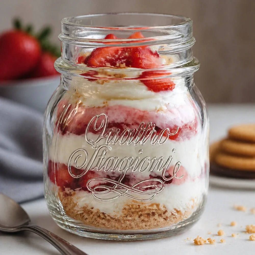 Verre de ménage Quattro Stagioni de 150 ml rempli d'un dessert à couches de fraises et de crème sur un plan de travail de cuisine blanc
