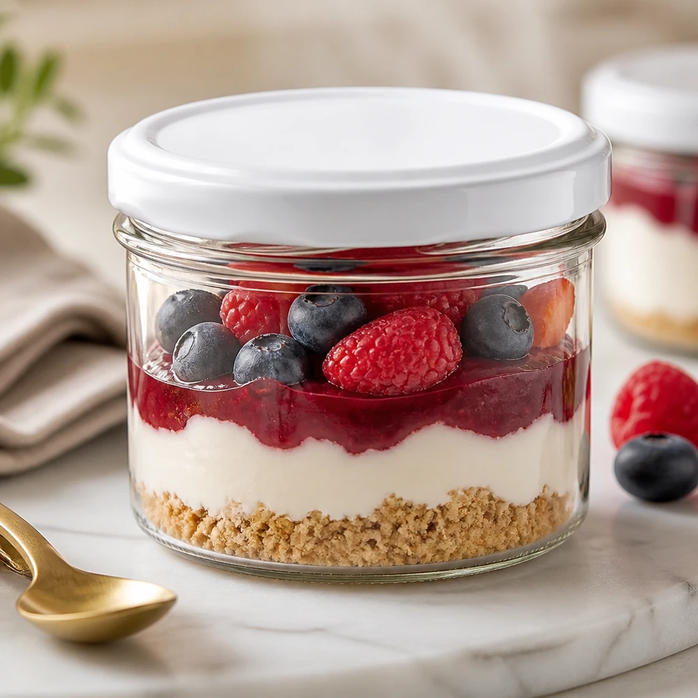 Verre renversé de 225 ml utilisé comme verre à dessert avec de la mousse de baies et des fruits frais montre une utilisation polyvalente
