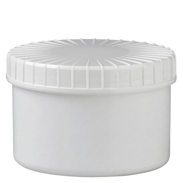 Pot en plastique blanc 250 ml + couvercle à vis blanc strié en PE, fermeture standard Pot en plastique blanc 250 ml + couvercle à vis blanc strié en PE, fermeture standard