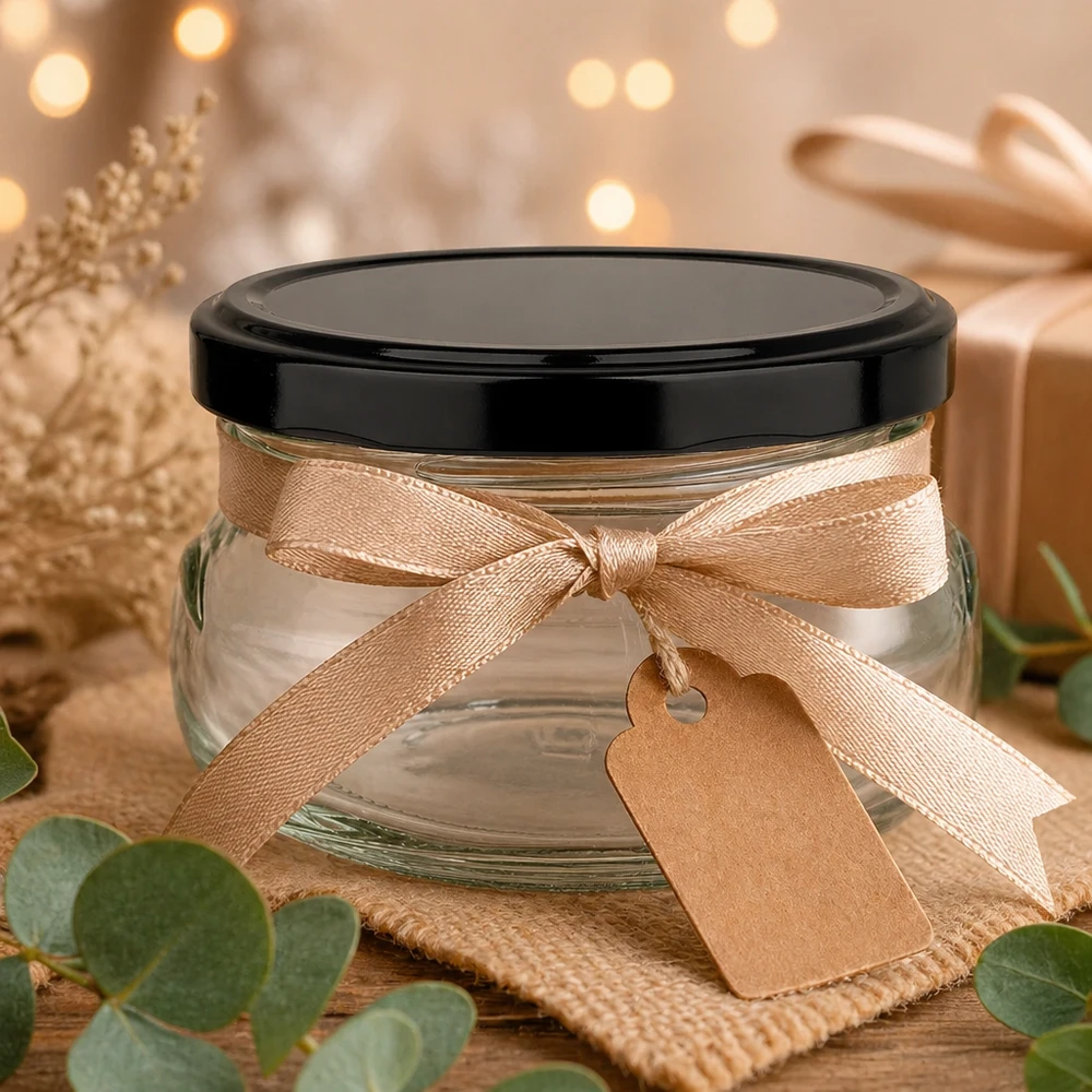 Pot à terrine 120ml comme idée cadeau avec ruban beige et pendentif, couvercle noir, décoration festive