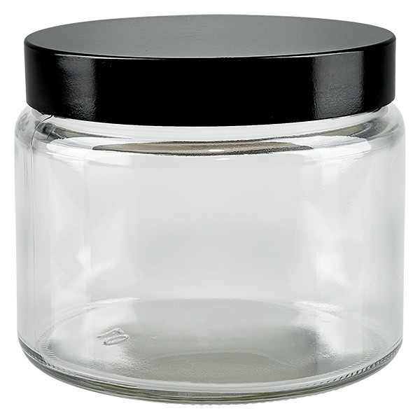 Pot en verre 250ml clair, avec noir. Couvercle en bakélite