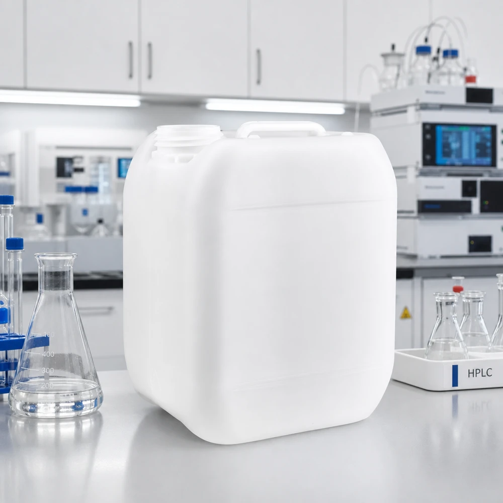 Jerrican de 5 litres sans bouchon Bidon vide de 5 litres sans bouchon, posé sur un plan de travail de laboratoire blanc, à côté d'un ballon d'Erlenmeyer