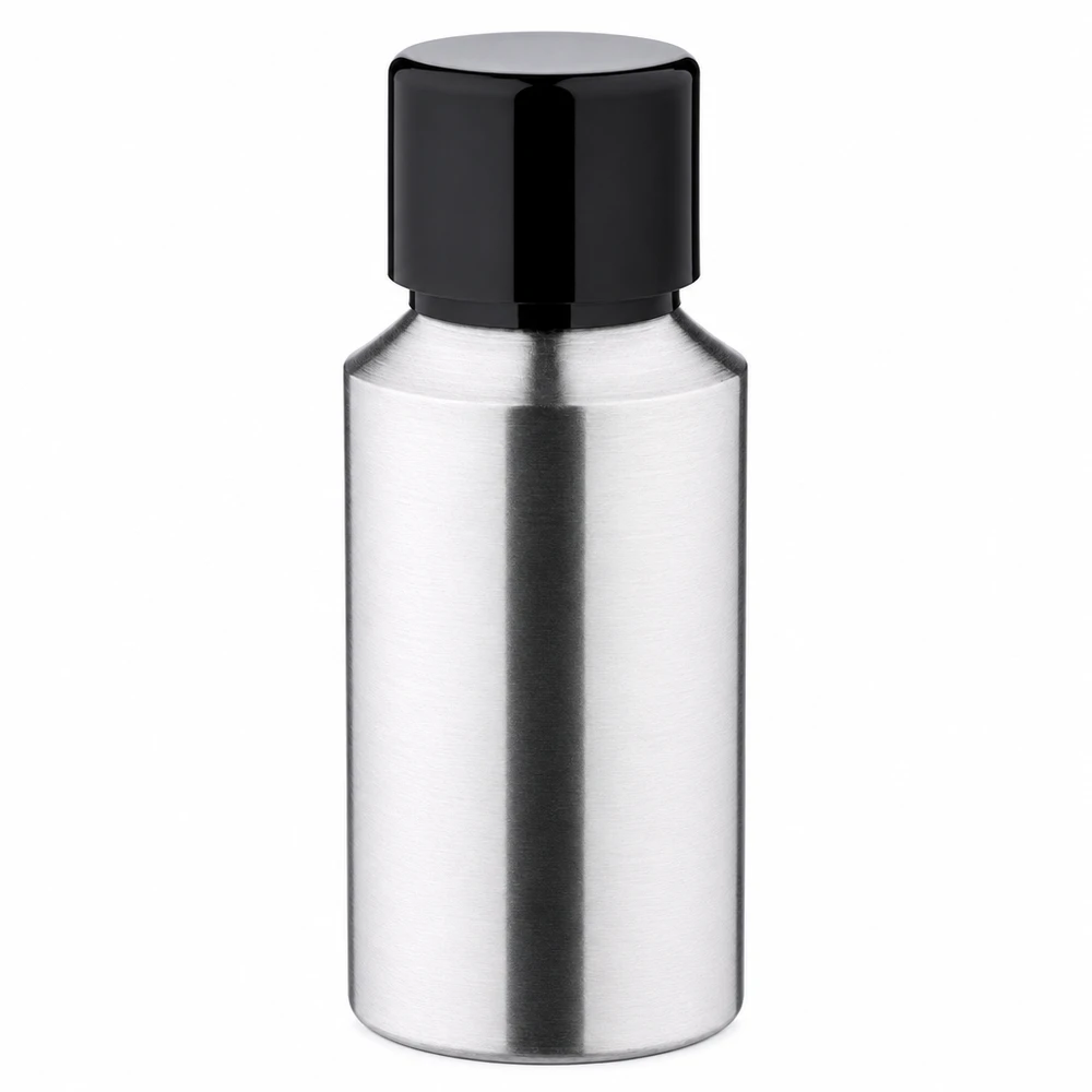 Bouteille compacte en aluminium de 30 ml au design élégant avec couvercle noir pour les liquides
