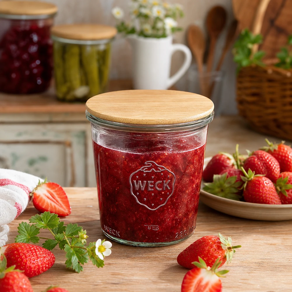 WECK Pot de conserve 290ml avec couvercle en bambou rempli de confiture de fraises entouré de fraises fraîches sur table en bois