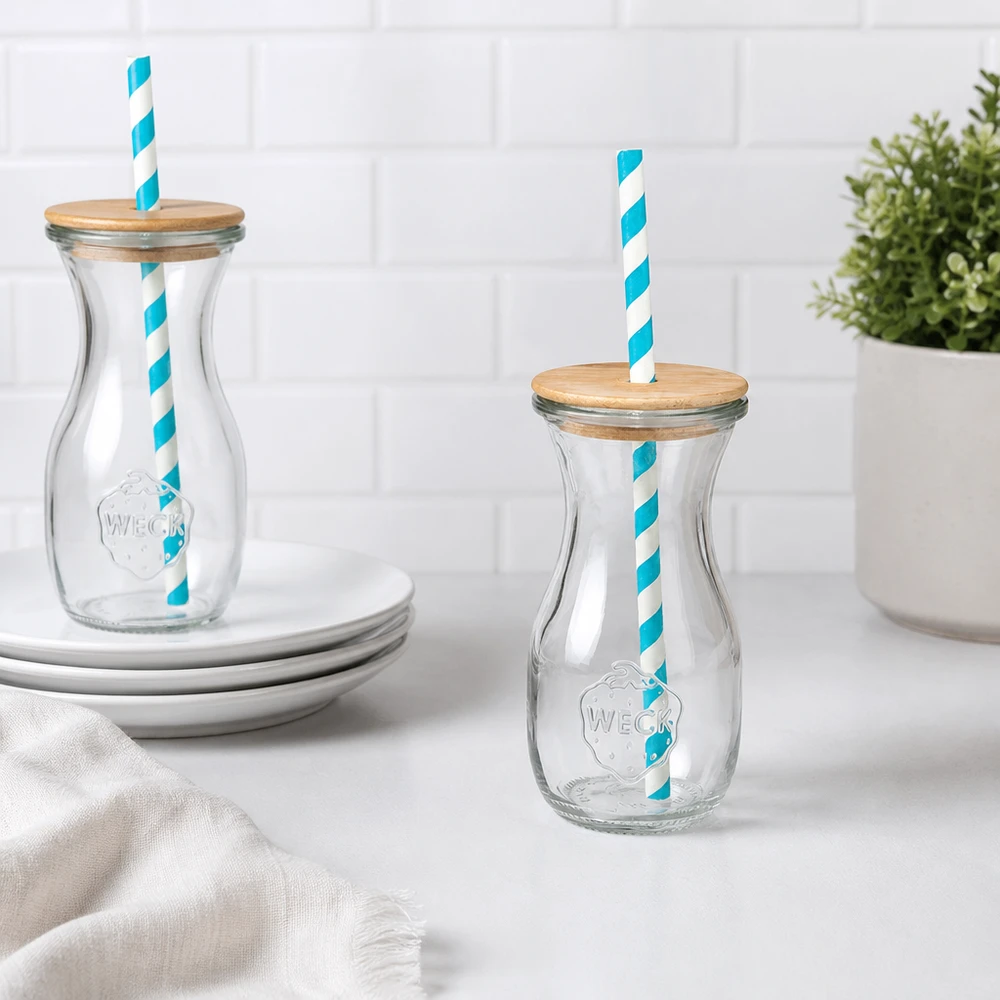 2 bouteilles en verre WECK 290ml couvercle en bois turquoise-blanc pailles éco Décoration de cuisine carreaux blancs assiette plante