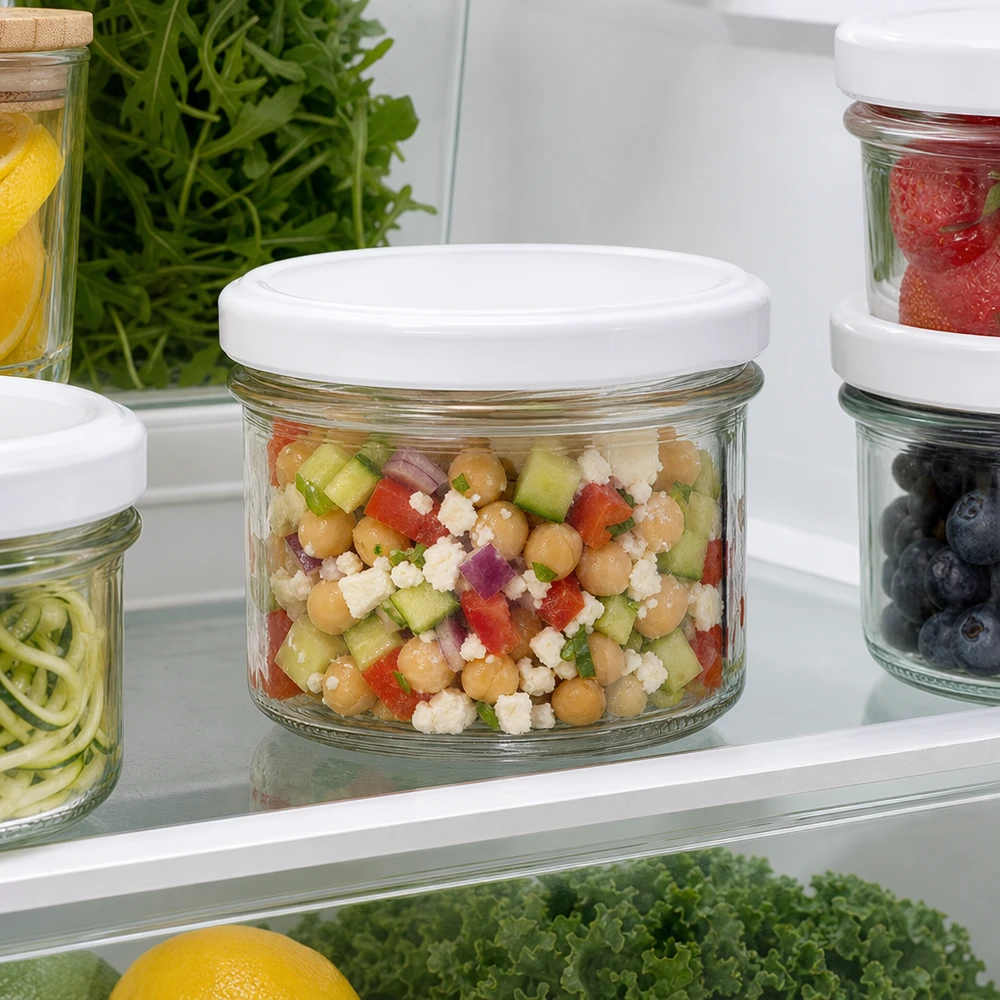 225ml Verre conique avec couvercle BasicSeal blanc UNiTWIST Pot renversé de 225 ml rempli de salade de pois chiches dans le réfrigérateur montre la conservation idéale de Meal Prep