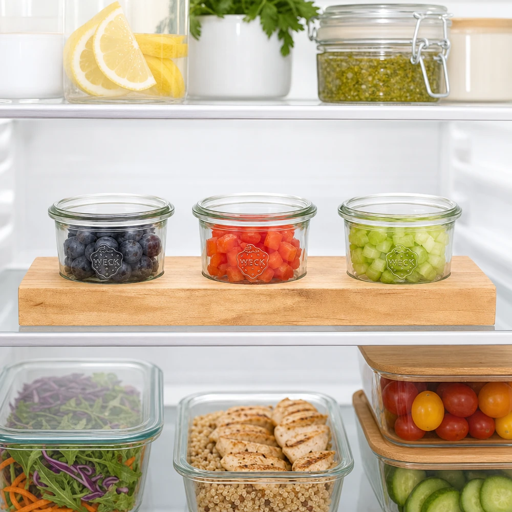 Planche de service Plano3 avec des bocaux renversés Weck de 80 ml dans le réfrigérateur pour une conservation organisée des baies et des légumes