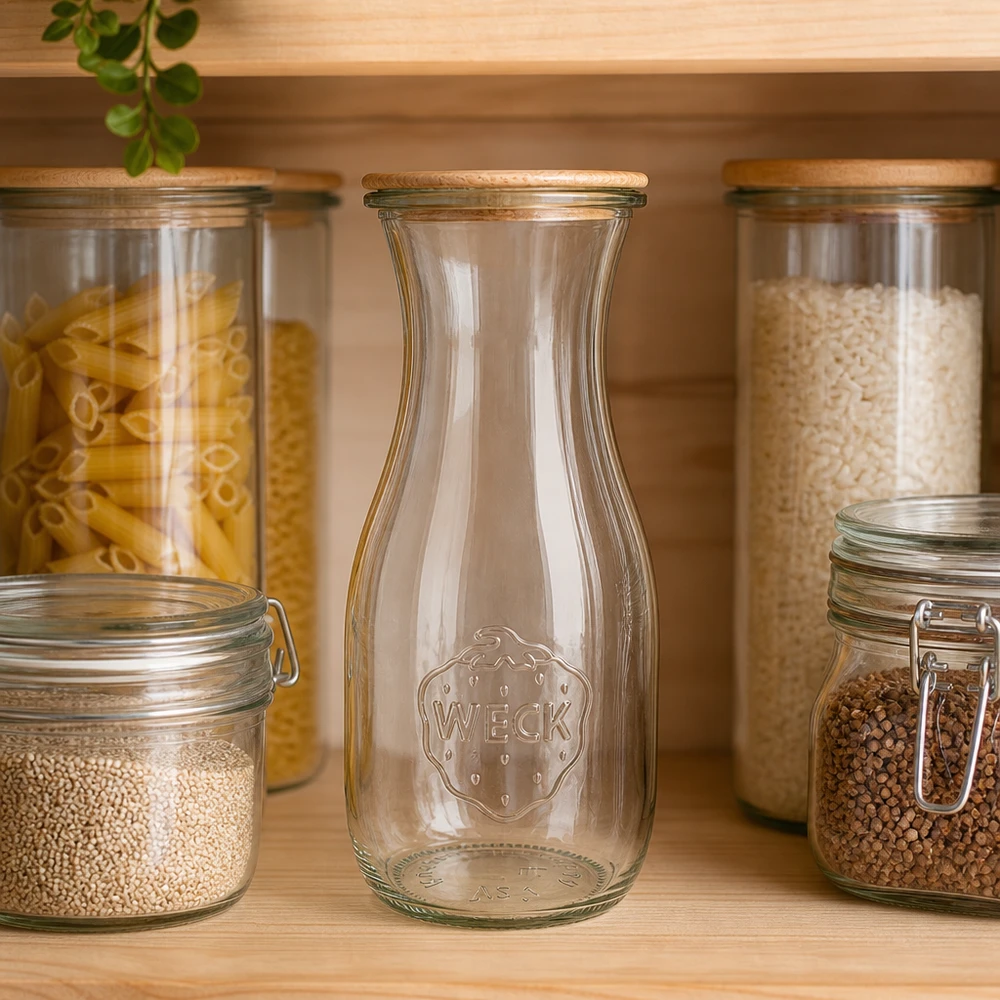 WECK Bouteille de jus 530ml RR60 vide entre des bocaux de stockage avec des pâtes et du riz dans une cuisine organisée avec des étagères en bois