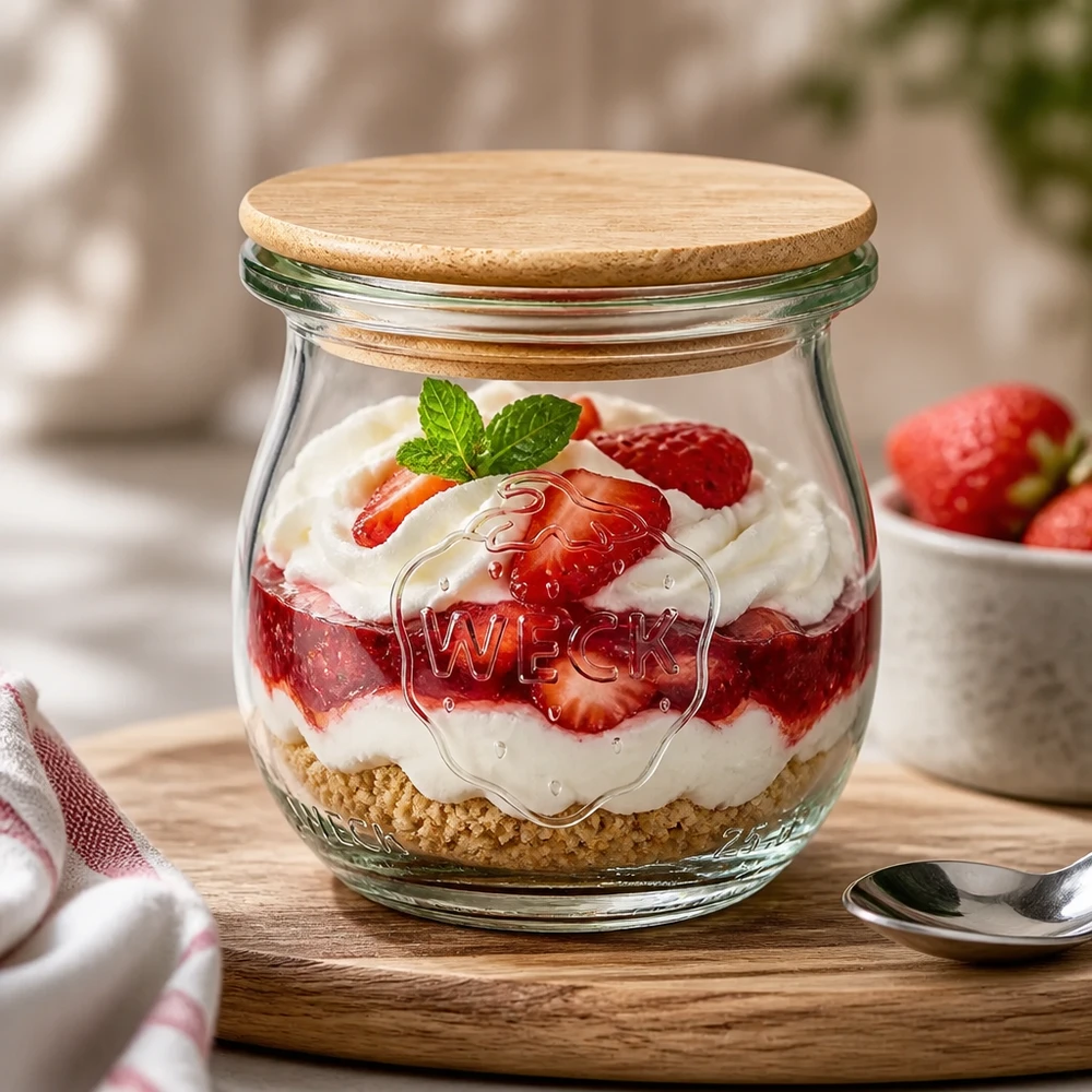 Pot tulipe 75ml WECK RR40 avec couvercle en bois WECK Pot à tulipe 75ml RR40 Pot à dessert avec couvercle en bambou rempli de dessert à la fraise et de crème sur table en bois