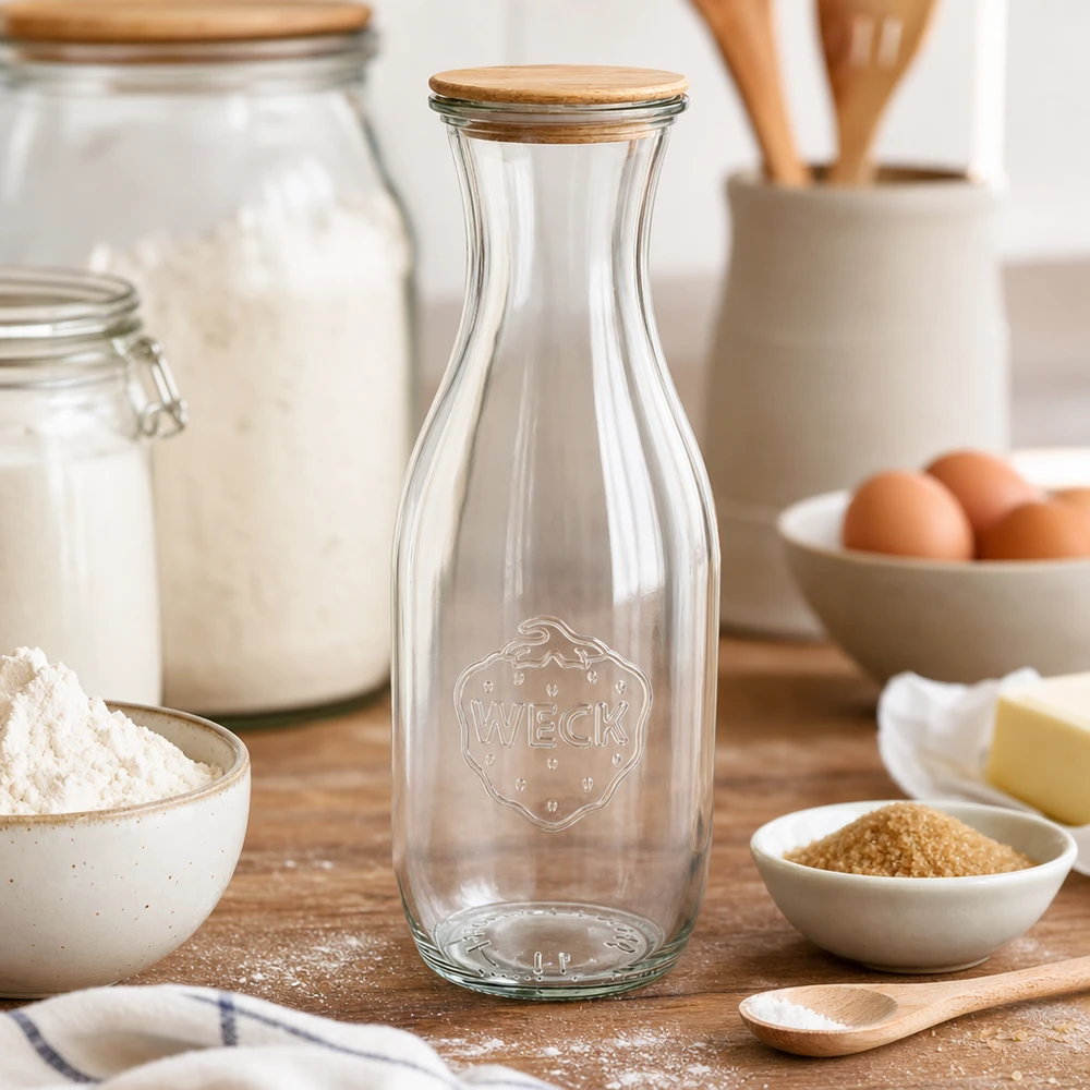 1062ml Bouteille à jus de fruits WECK RR60 avec couvercle en bois WECK Bouteille de jus 1062ml avec couvercle en bois sur la table de cuisine entre les ingrédients de cuisson comme la farine, les œufs et le beurre.