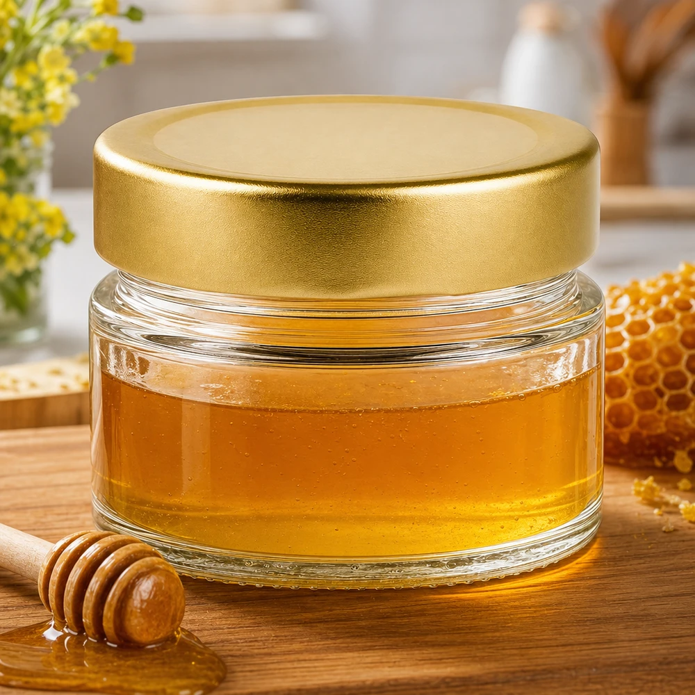 Pot rond de 80ml avec couvercle BasicSeal gold deep rempli de miel à côté du rayon et cuillère à miel sur planche en bois