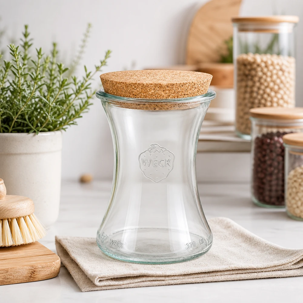 370ml bocal à gourmandises WECK RR80 avec bouchon nature WECK Delikatessenglas 370ml RR80 in moderner Küche mit Vorratsgläsern Kräutern und Holzaccessoires als Deko