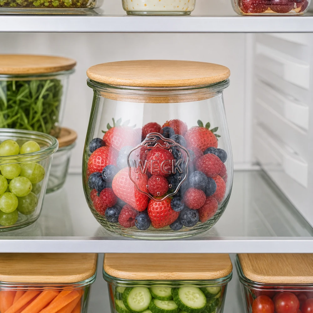 WECK Tulpenglas 220ml mit Holzdeckel zur Aufbewahrung von Beeren im Kühlschrank - Frischhalteglas für Obst