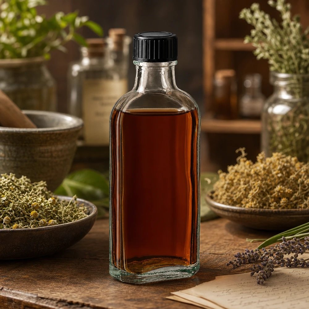 Flasque transparente de 100 ml au goulot DIN 22, avec bouchon à vis DIN 22 noir et joint PEE Flacon en verre Meplat plat de 100 ml avec bouchon à vis, entouré d'herbes séchées sur une table en bois