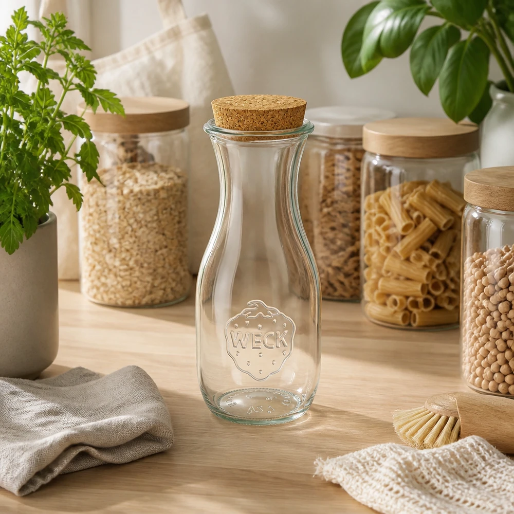 WECK Bouteille de jus 530ml RR60 avec bouchon dans la cuisine durable zéro déchet entre les bocaux à provisions et les plantes vertes