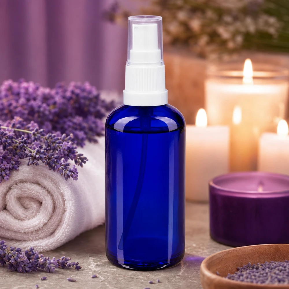 Flacon de pharmacie bleu 50ml embout spray blanc Flacon vaporisateur en verre d'apothicaire bleu de 50 ml, avec de la lavande et des bougies, dans une ambiance bien-être