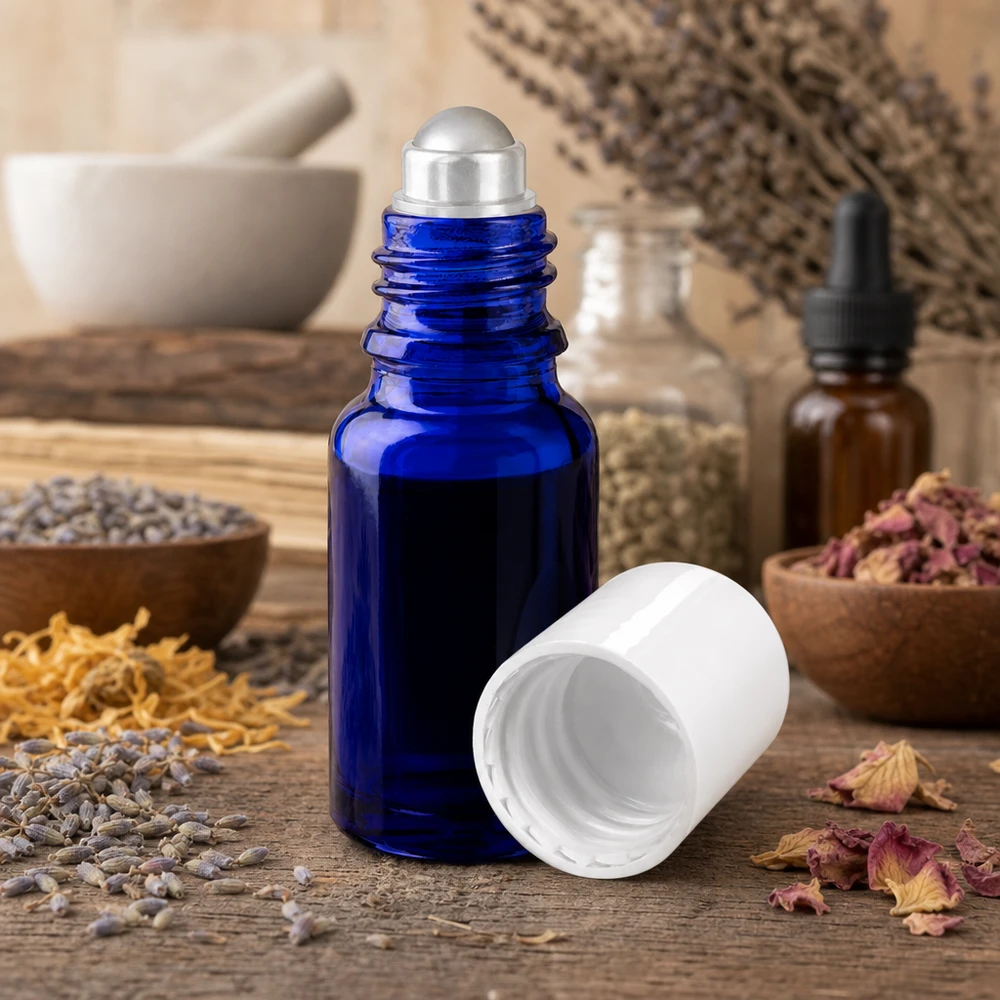 Flacon roll-on bleu cobalt de 10 ml, muni d'une bille en acier inoxydable, entre des herbes et des fleurs séchées