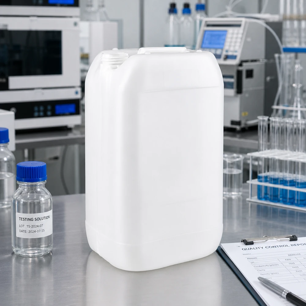 Jerrican de 15 litres sans bouchon Bidon robuste de 15 litres sans bouchon, à côté de flacons de laboratoire et d'un rapport de contrôle qualité