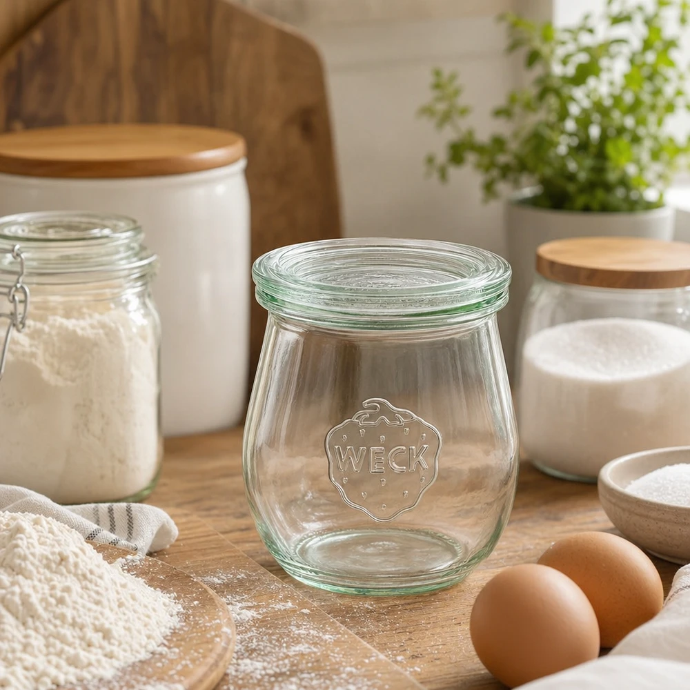 Bocal en forme de tulipe de 220 ml avec couvercle en verre WECK RR60 WECK Pot tulipe 220ml RR60 vide dans cuisine moderne avec ingrédients de cuisine oeufs farine et équipement de cuisine en bois