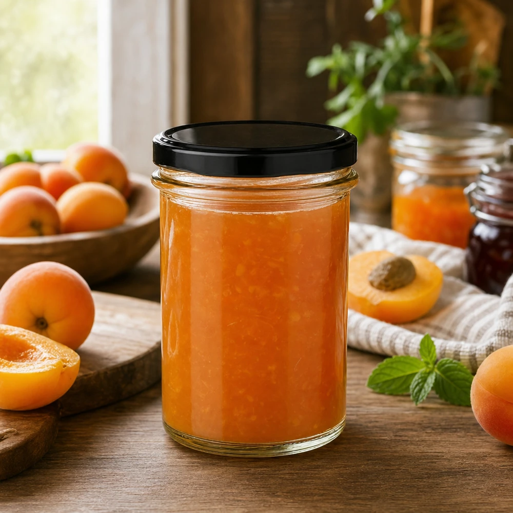 230ml Verre conique avec couvercle BasicSeal noir UNiTWIST 230ml pot renversé BasicSeal noir rempli de confiture d'abricots entre abricots frais Scène de cuisine confiture