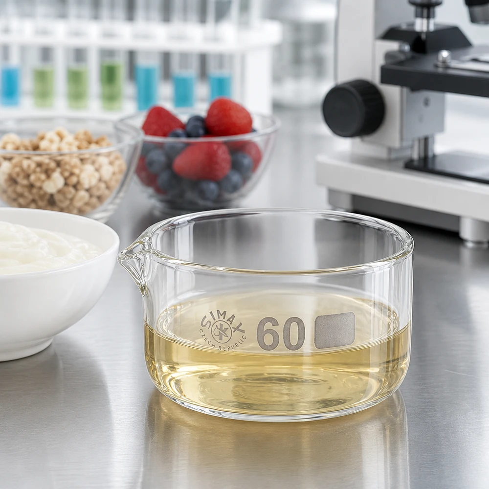 Coupelle de cristallisation 60 ml – Laboratoire d'analyse alimentaire – Yaourt, baies, muesli, huile alimentaire – Verre borosilicaté