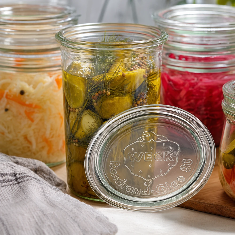 Couvercle en verre WECK RR80 WECK Couvercle en verre RR80 en point de mire devant des bocaux de cornichons marinés Choucroute et confiture sur une planche en bois