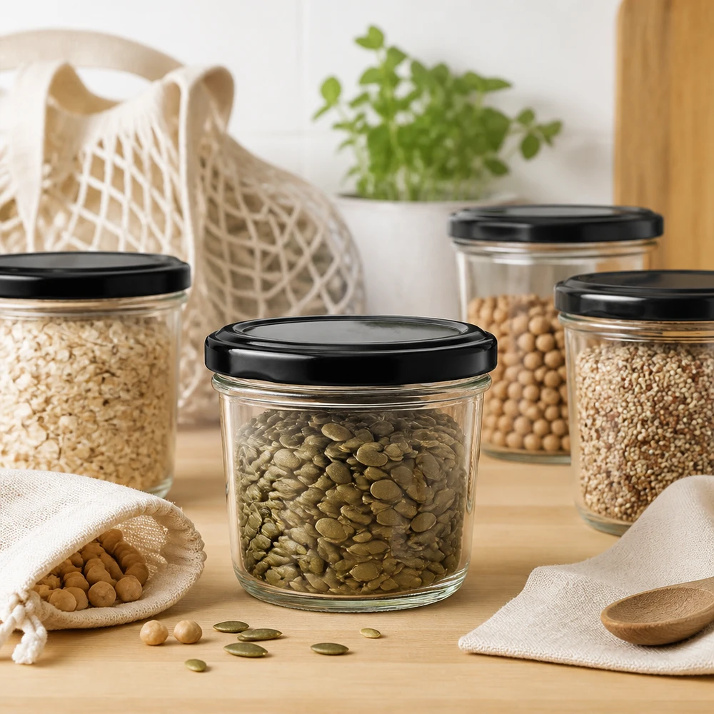 230ml Sturzglas mit grünen Linsen in stylischer Küchenszene zeigt moderne Aufbewahrung für Hülsenfrüchte und Vorräte