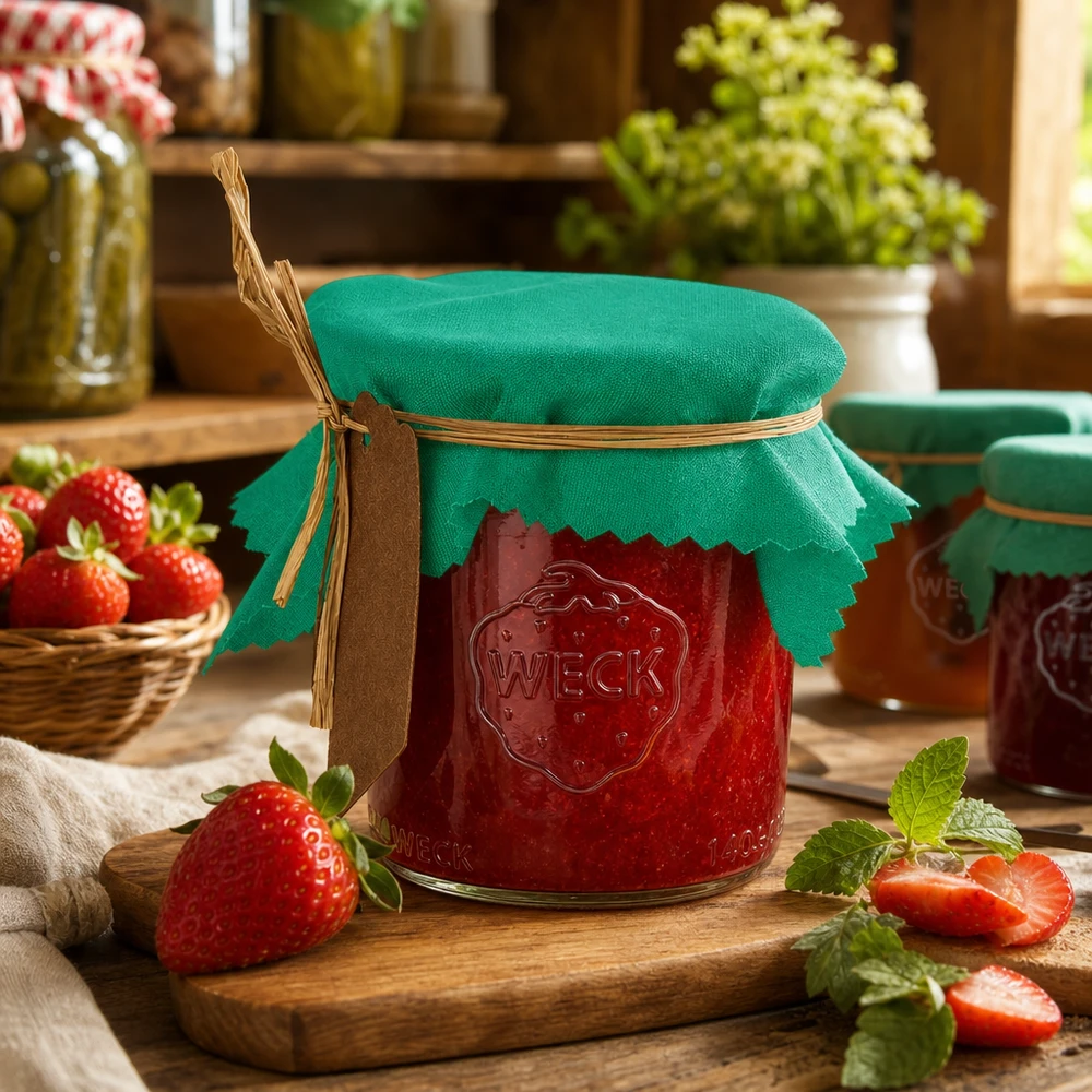 Couvercle décoratif vert 12cm carré sur pot de confiture de fraise avec ficelle de raphia et étiquette dans une cuisine rustique