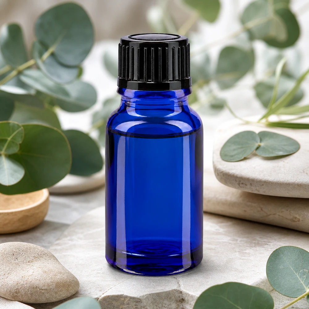 Flacon compte-gouttes ApoGlas bleu cobalt de 10 ml avec bouchon à vis noir pour l'aromathérapie