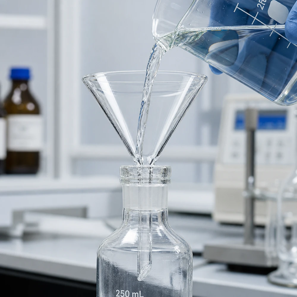 Entonnoir en verre transparent 75mm à manche court en borosilicate robuste pour transvaser des liquides en toute sécurité