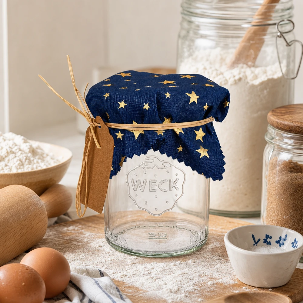 Couverture bleue en tissu étoilé 12cm sur bocal vide dans une cuisine rustique avec des œufs, de la farine et des ingrédients pour la pâtisserie