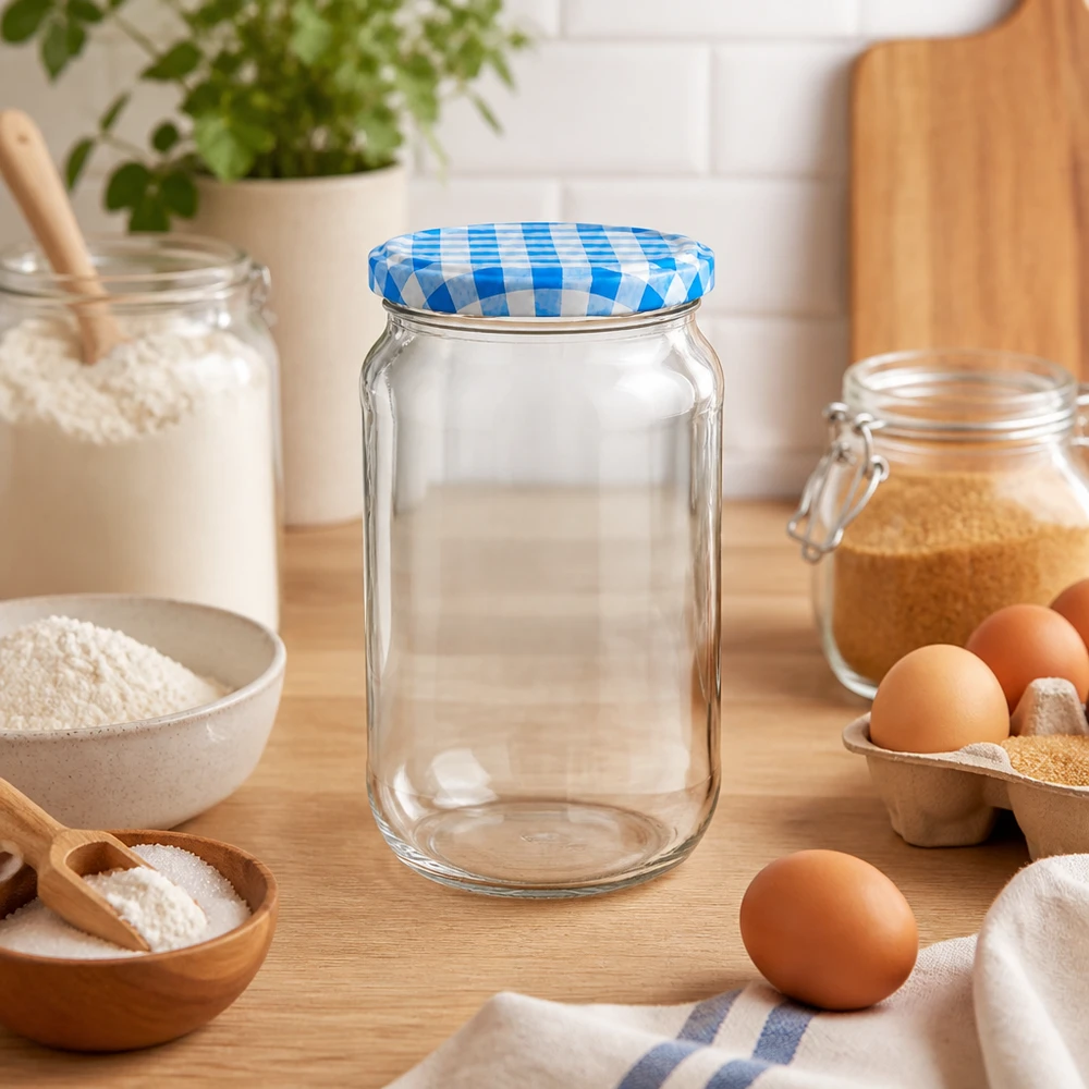 1062ml Verre rond avec couvercle BasicSeal bleu/blanc UNiTWIST Bocal rond vide de 1062ml dans une scène de cuisine avec des ingrédients de cuisson, couvercle BasicSeal bleu et blanc, polyvalent pour les mélanges de cuisson