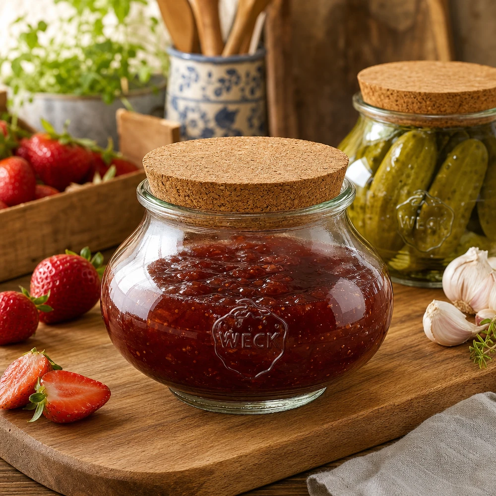 WECK Pot à provisions 560ml avec couvercle en liège dans une cuisine rustique rempli de confiture à côté de fraises et de cornichons