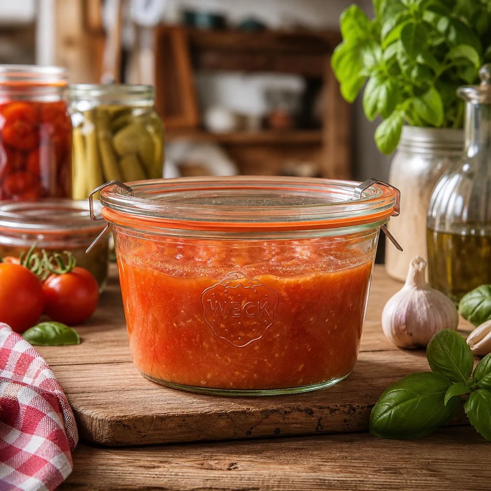 WECK RR100 Pot renversé 370ml dans une cuisine rustique rempli de sauce tomate montre une utilisation pratique pour la mise en conserve