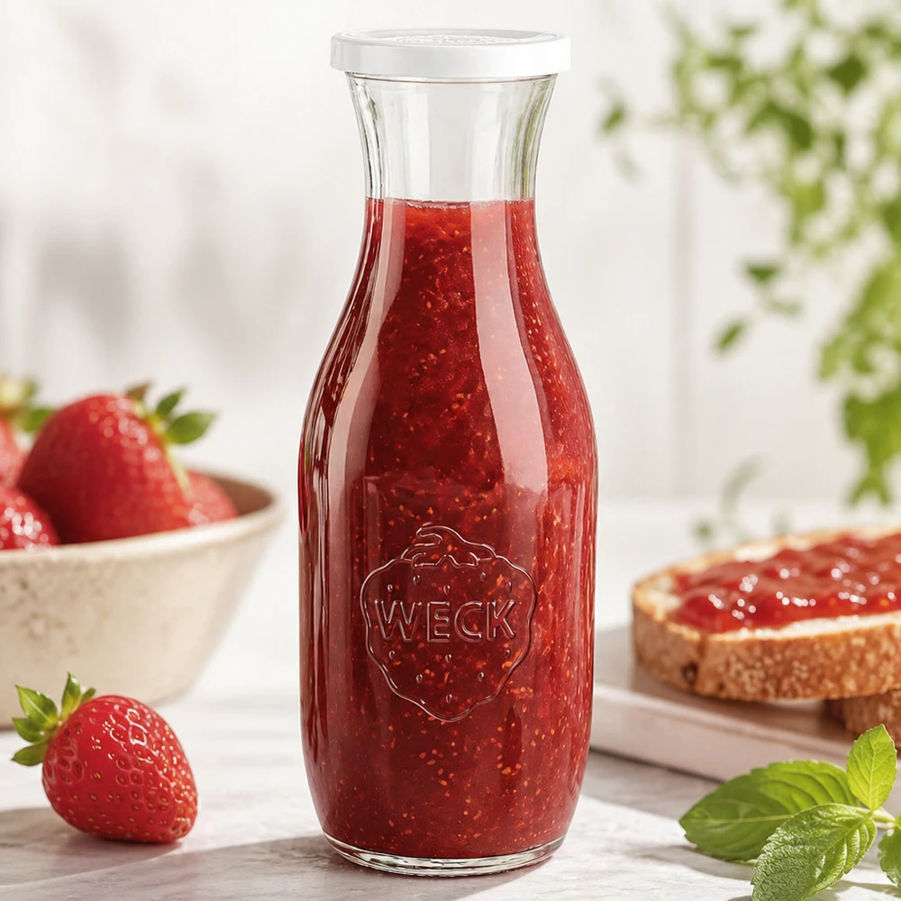 Bouteille à jus de 1 062 ml avec couvercle fraîcheur WECK RR60 WECK Bouteille en verre 1062ml remplie de confiture de fraises à côté de fraises fraîches et de pain avec de la pâte à tartiner