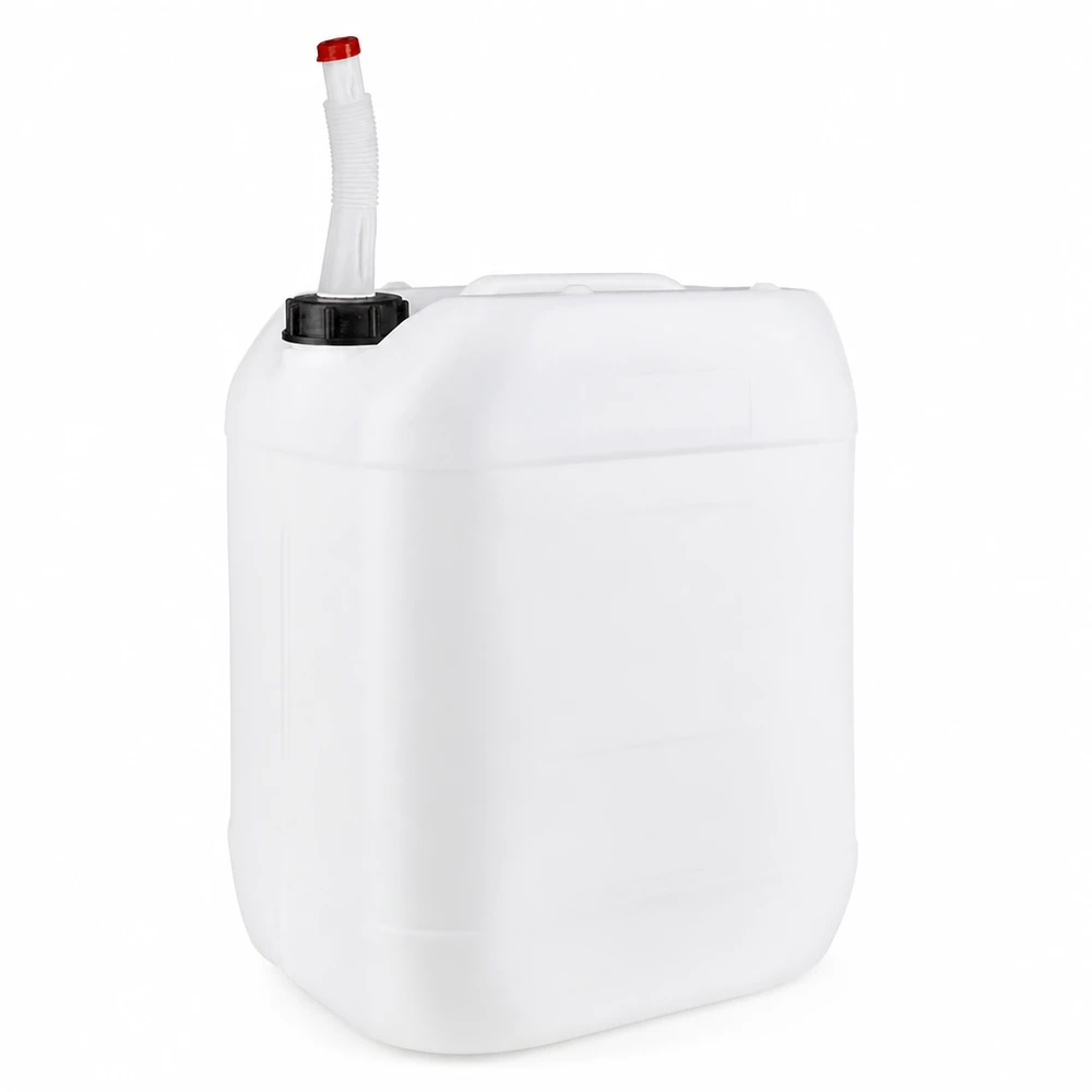 Bidon en plastique blanc de 20 litres avec bec verseur flexible et bouchon rouge