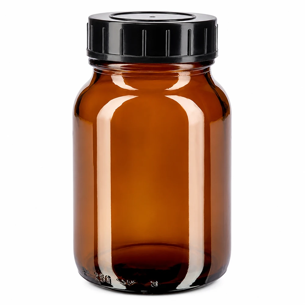 Bocal à col large en verre ambré 250 ml + couvercle à vis Bouteille en verre brun à col large de 250 ml avec bouchon à vis noir pour une conservation sûre
