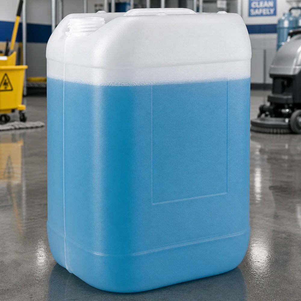Jerrican de 25 litres sans bouchon Bidon bleu de 25 litres sans bouchon, contenant un liquide de nettoyage bleu, dans un hangar industriel